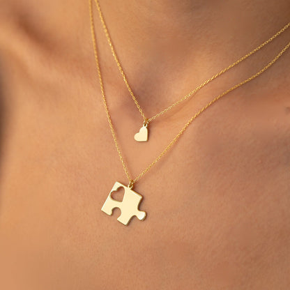 925 Sterling Silver Double Puzzle and Heart Necklace
