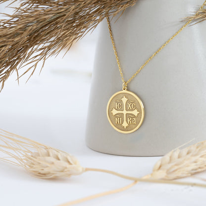 14K Solid Gold Christian Eastern Orthodox Cross Necklace - IC XC NIKA Cross Necklace