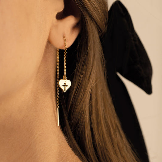 925 Sterling Silver Yarn Heart Cross Earrings