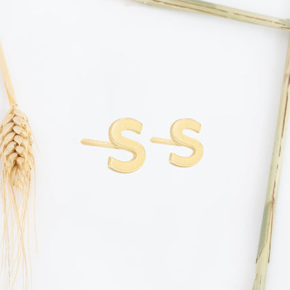 14K Solid Gold Minimalist Tiny Initial Letter Earring