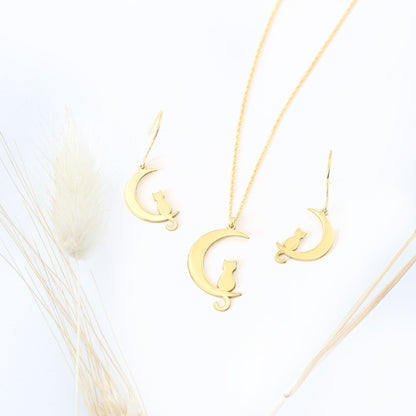925 Sterling Silver Cat Moon Dangle &amp; Drop Earrings