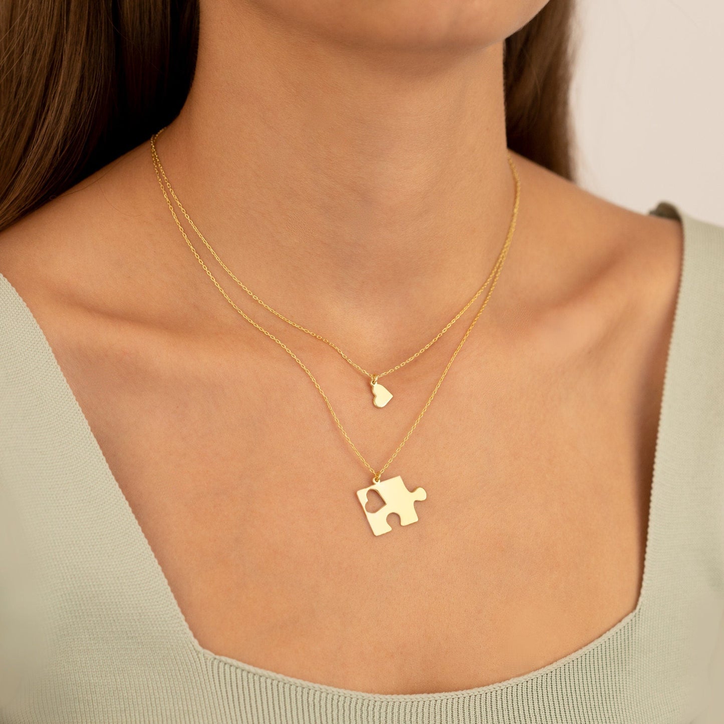 925 Sterling Silver Double Puzzle and Heart Necklace