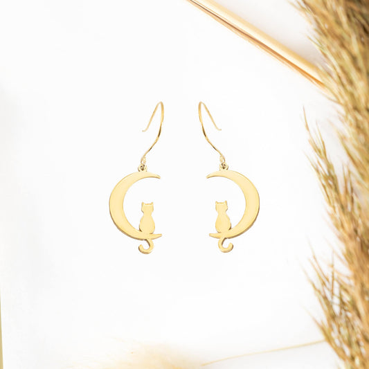 14K Solid Gold Cat Moon Drop Earrings - Cat Jewelry
