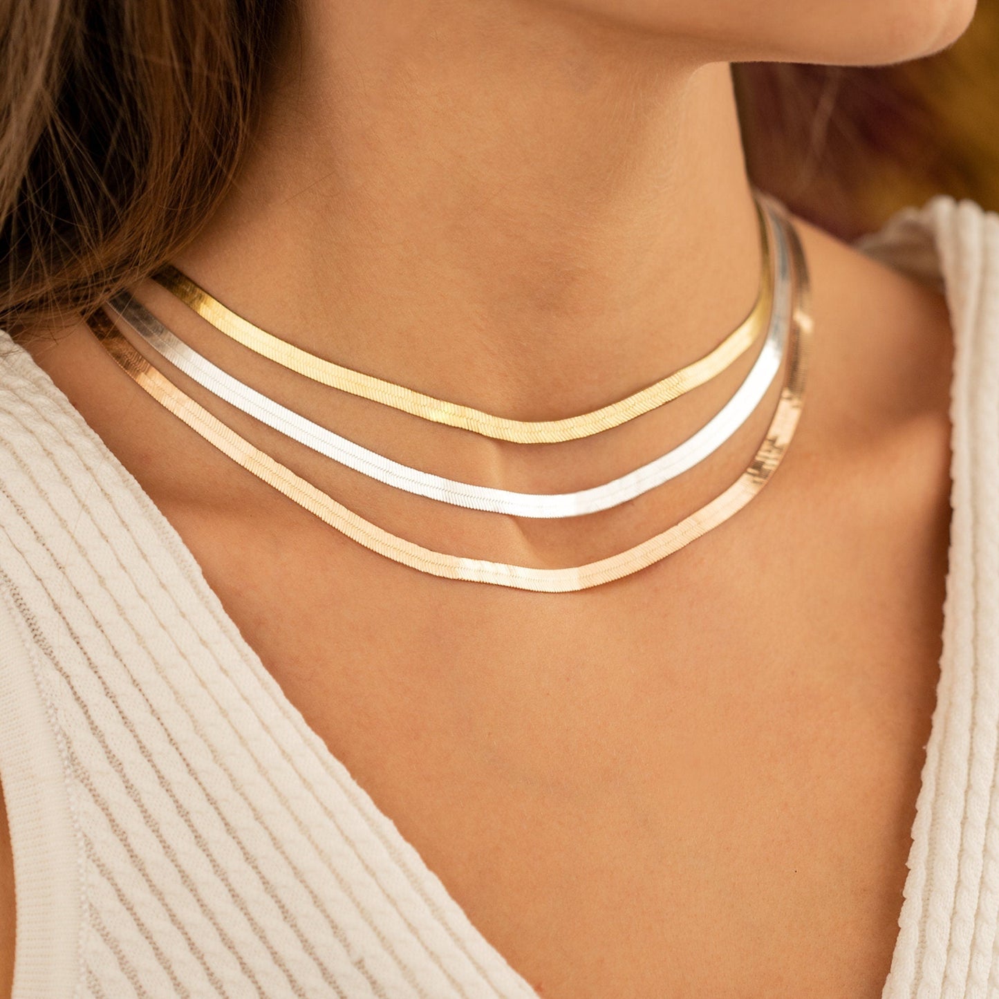 925 Sterling Silver Snake Layered Herringbone Chain Necklace