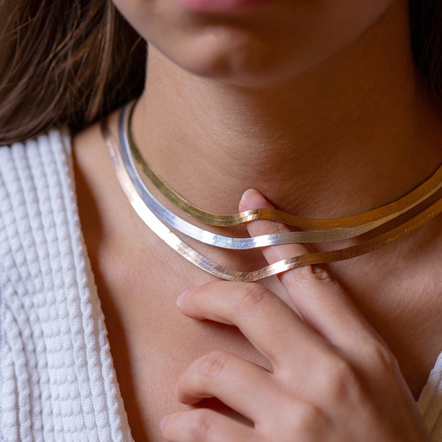 925 Sterling Silver Snake Layered Herringbone Chain Necklace
