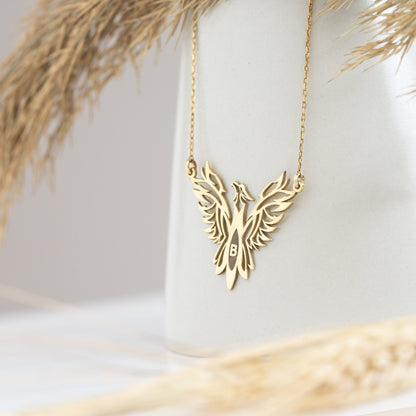 925 Sterling Silver Unique Phoenix and Initial Gold Necklace
