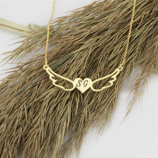 925 Sterling Silver Initial Angel Wings Love Necklace