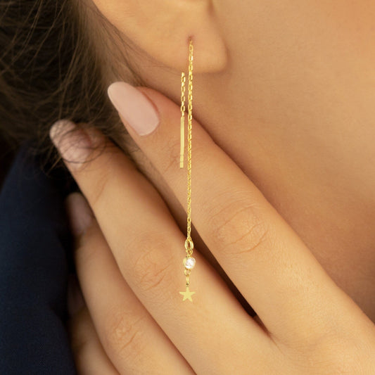 925 Sterling Silver Tiny Star Diamond Thread Earrings