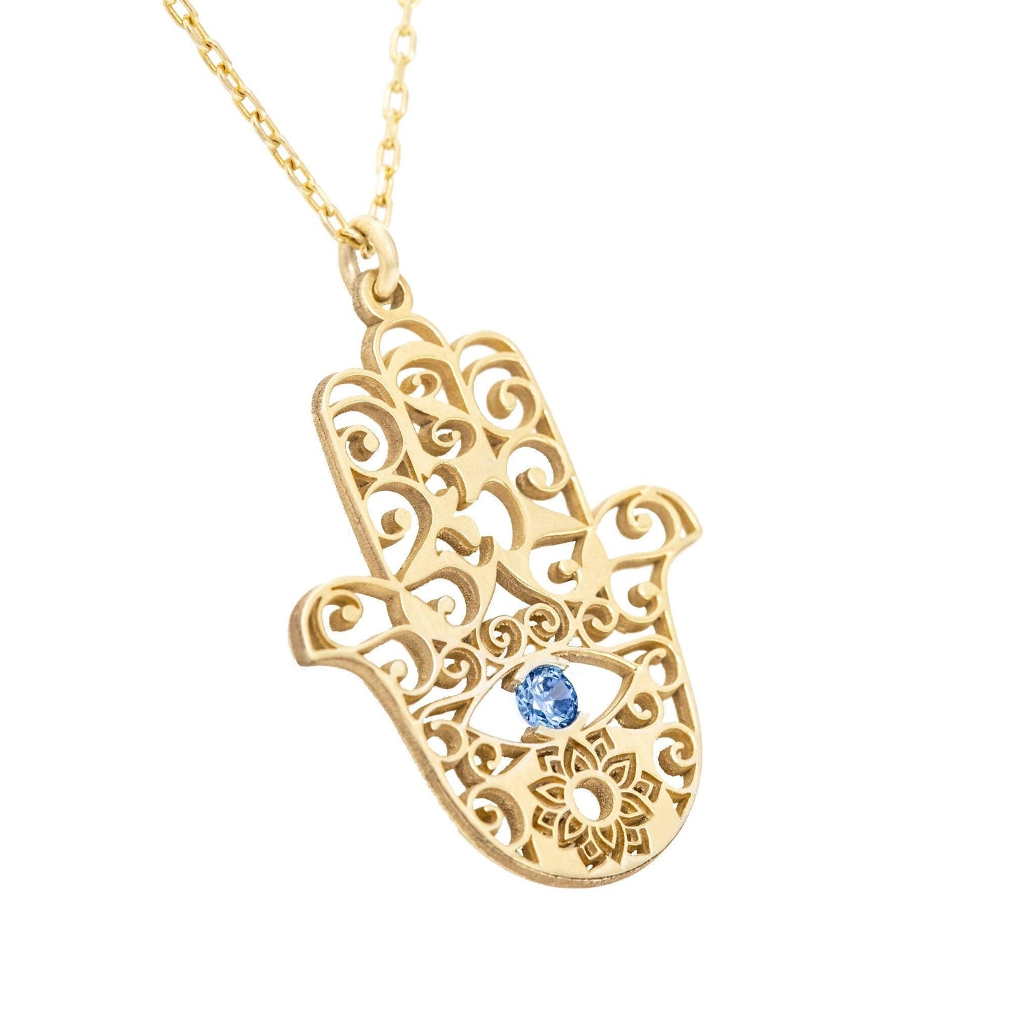 14K Solid Gold Fatima's Hand Necklace with Birthstone