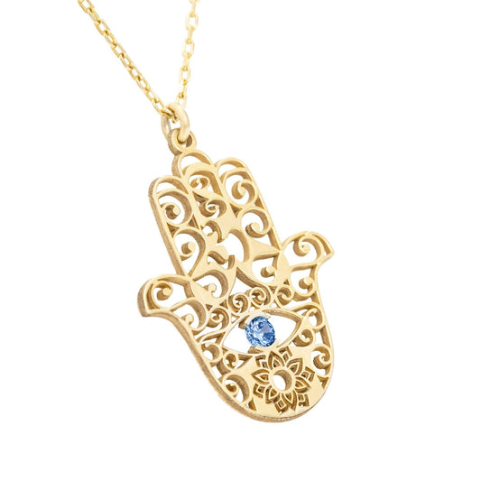 14K Solid Gold Fatima's Hand Necklace with Birthstone