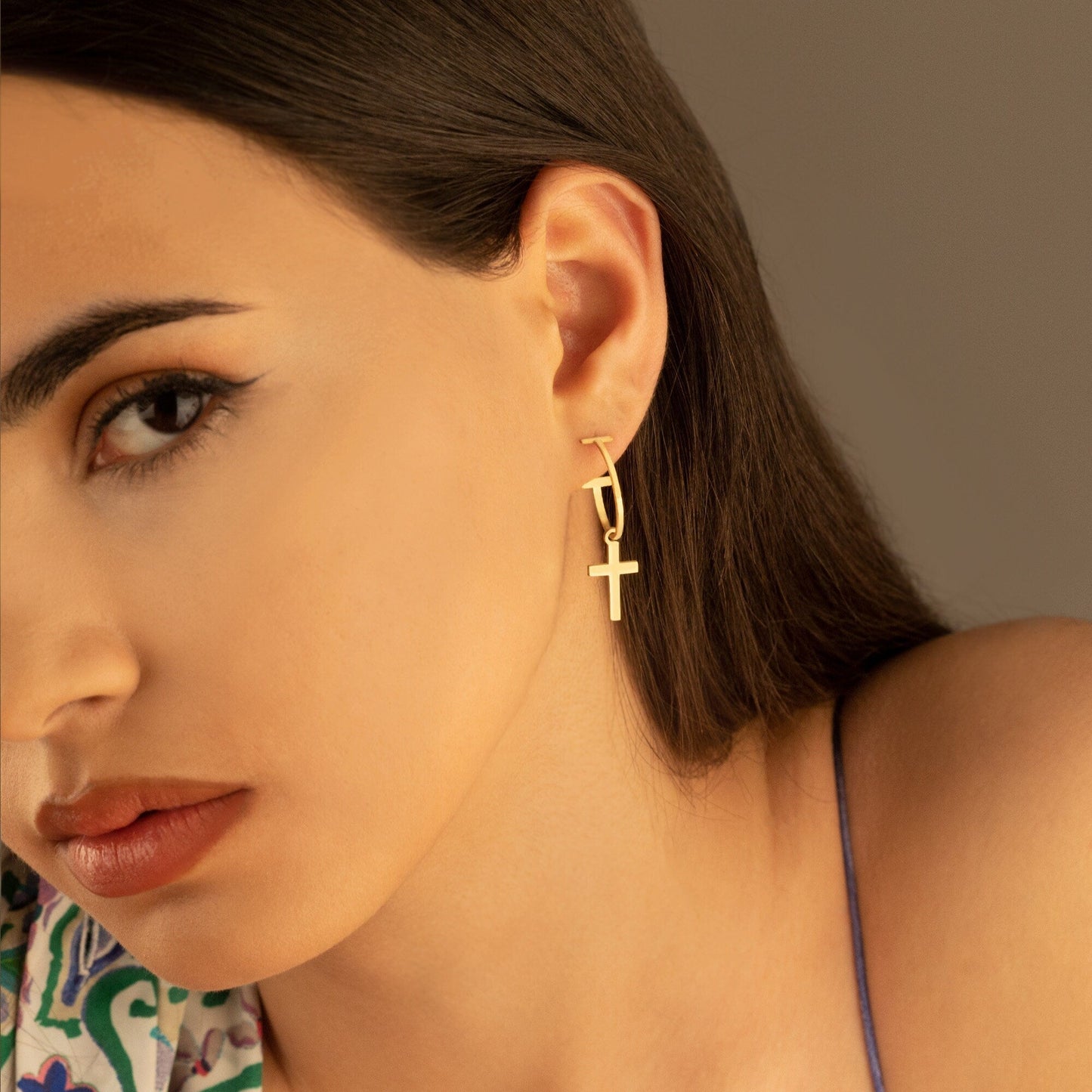 925 Sterling Silver Dangle Cross Hoop Earrings