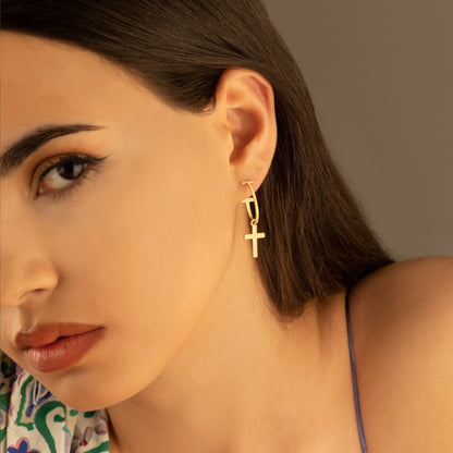 925 Sterling Silver Dangle Cross Hoop Earrings