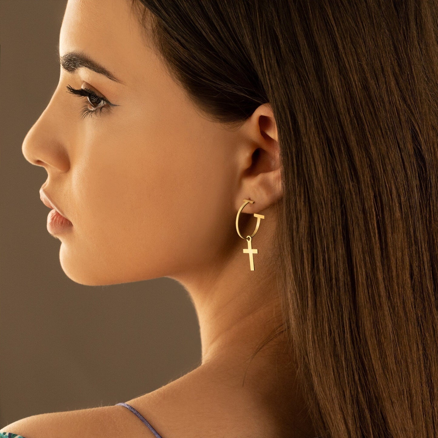 925 Sterling Silver Dangle Cross Hoop Earrings