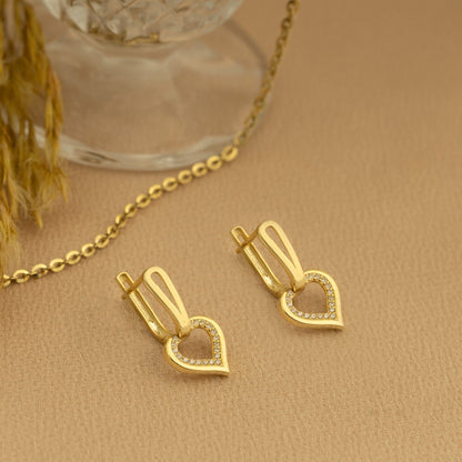 925 Sterling Silver Diamond Heart Dangle Hoop Earrings