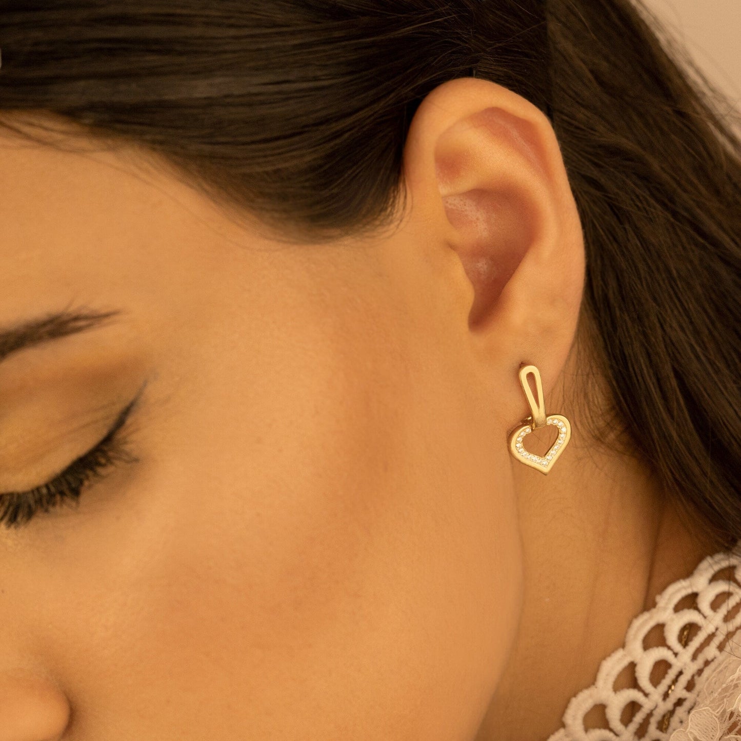 925 Sterling Silver Diamond Heart Dangle Hoop Earrings