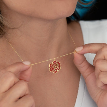 925 Sterling Silver Enamel Red Rose Necklace