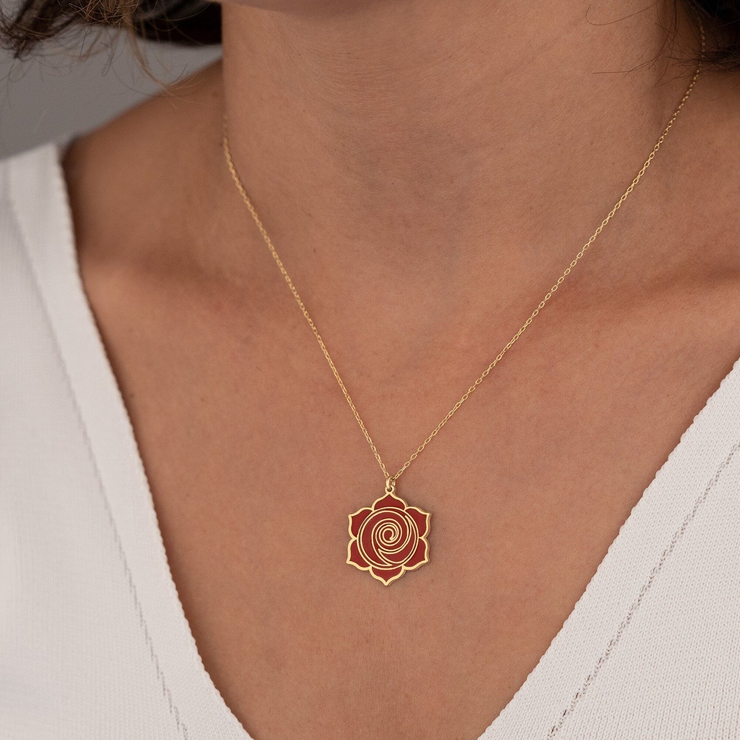 925 Sterling Silver Enamel Red Rose Necklace