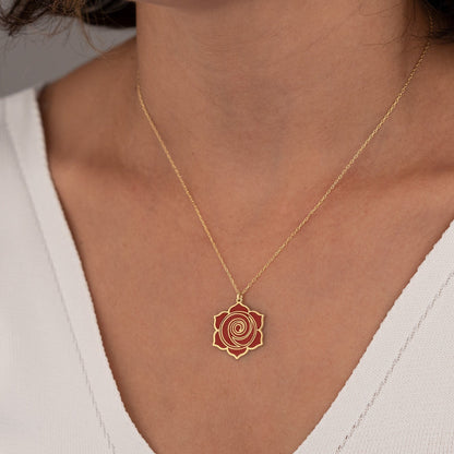 925 Sterling Silver Enamel Red Rose Necklace