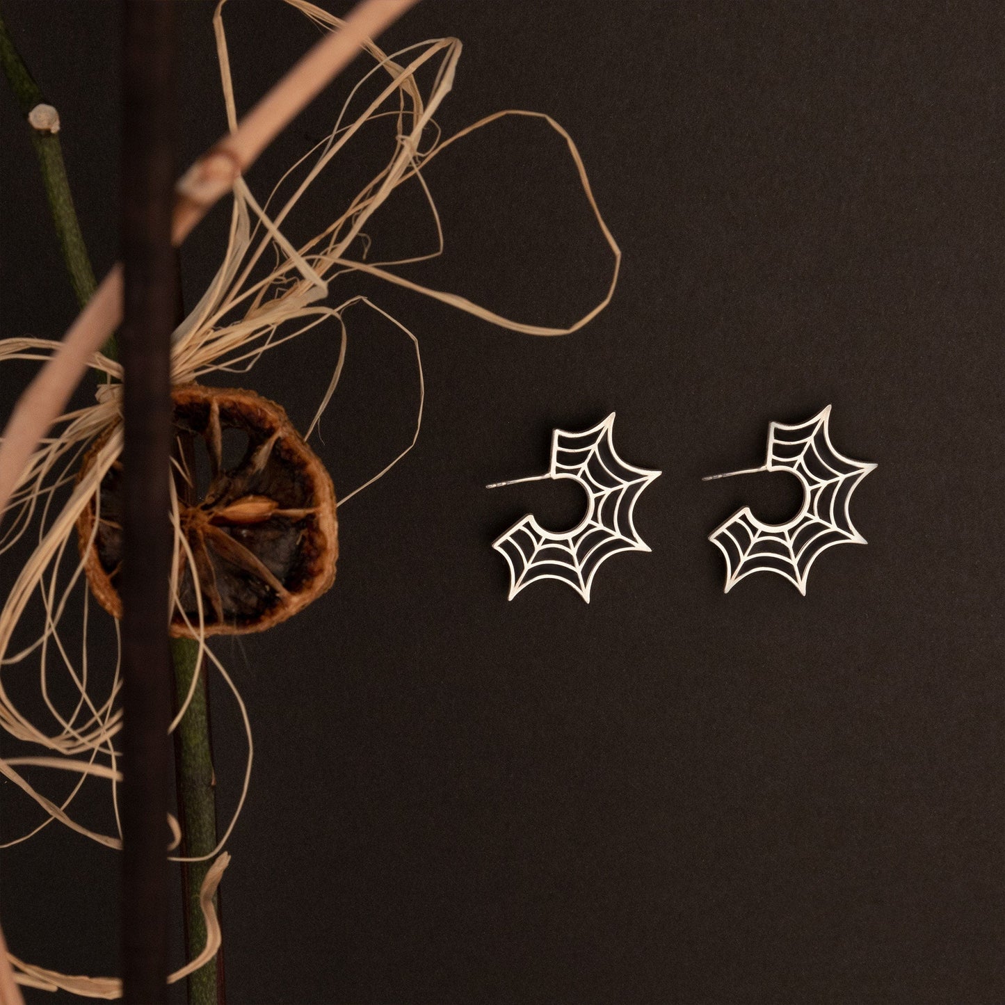 925 Sterling Silver Enamel Spider Web Earrings - Halloween Jewelry