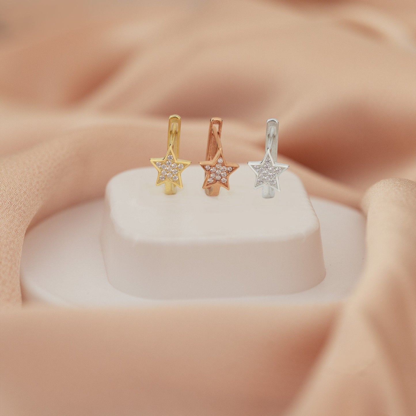 925 Sterling Silver Diamond Star Hoop Earrings