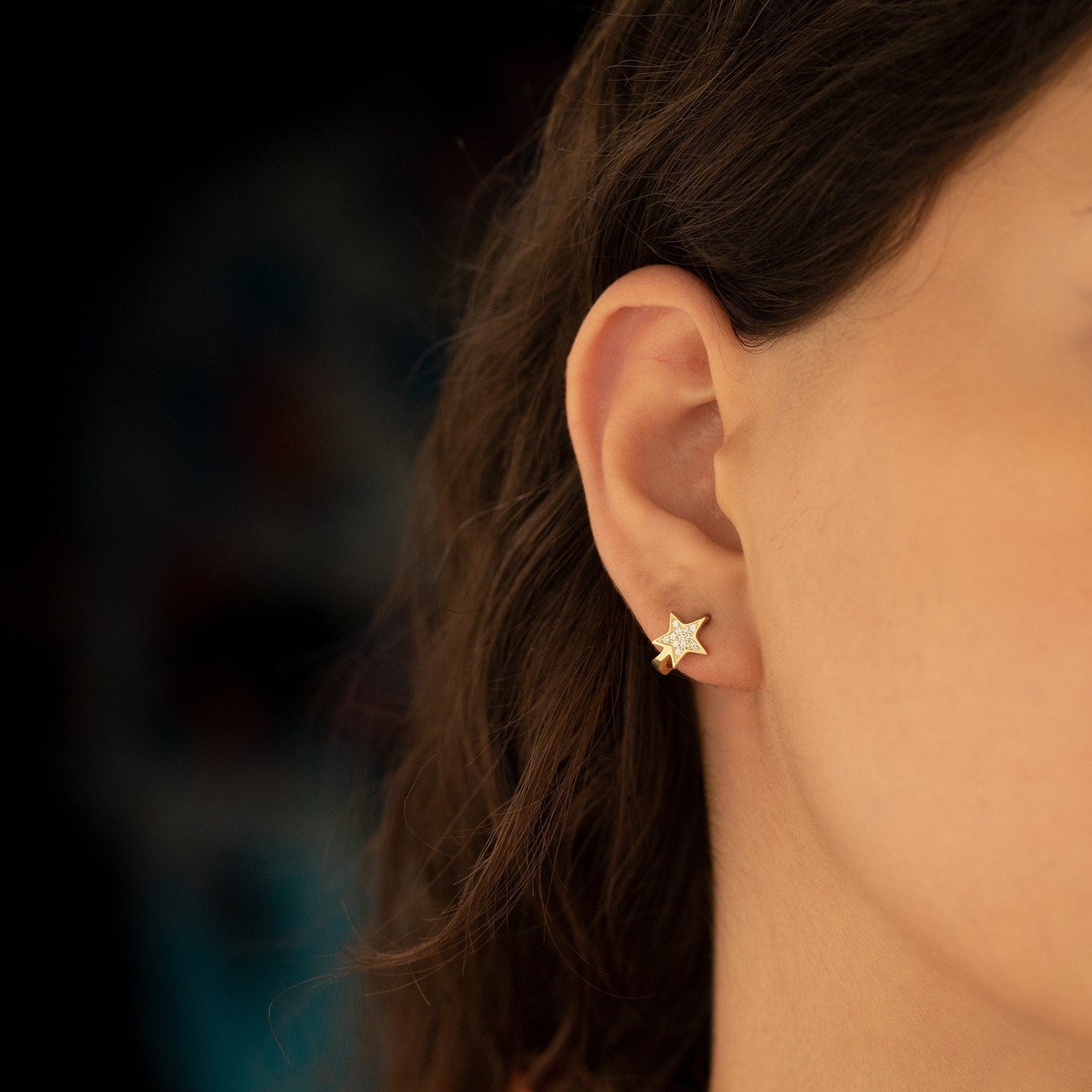 925 Sterling Silver Diamond Star Hoop Earrings