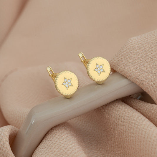 925 Sterling Silver Diamond Round Star Hoop Earrings