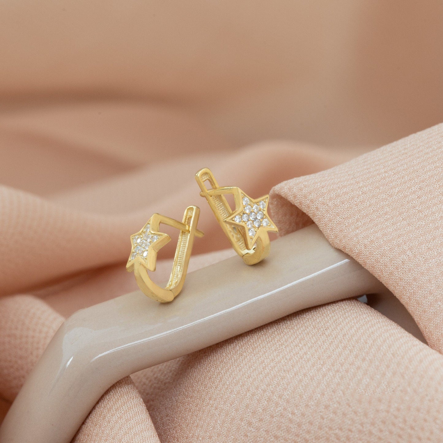 925 Sterling Silver Diamond Star Hoop Earrings