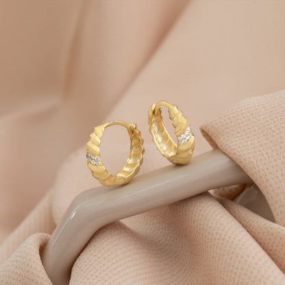 925 Sterling Silver Vintage Twisted Hoop Diamond Stripe Earrings