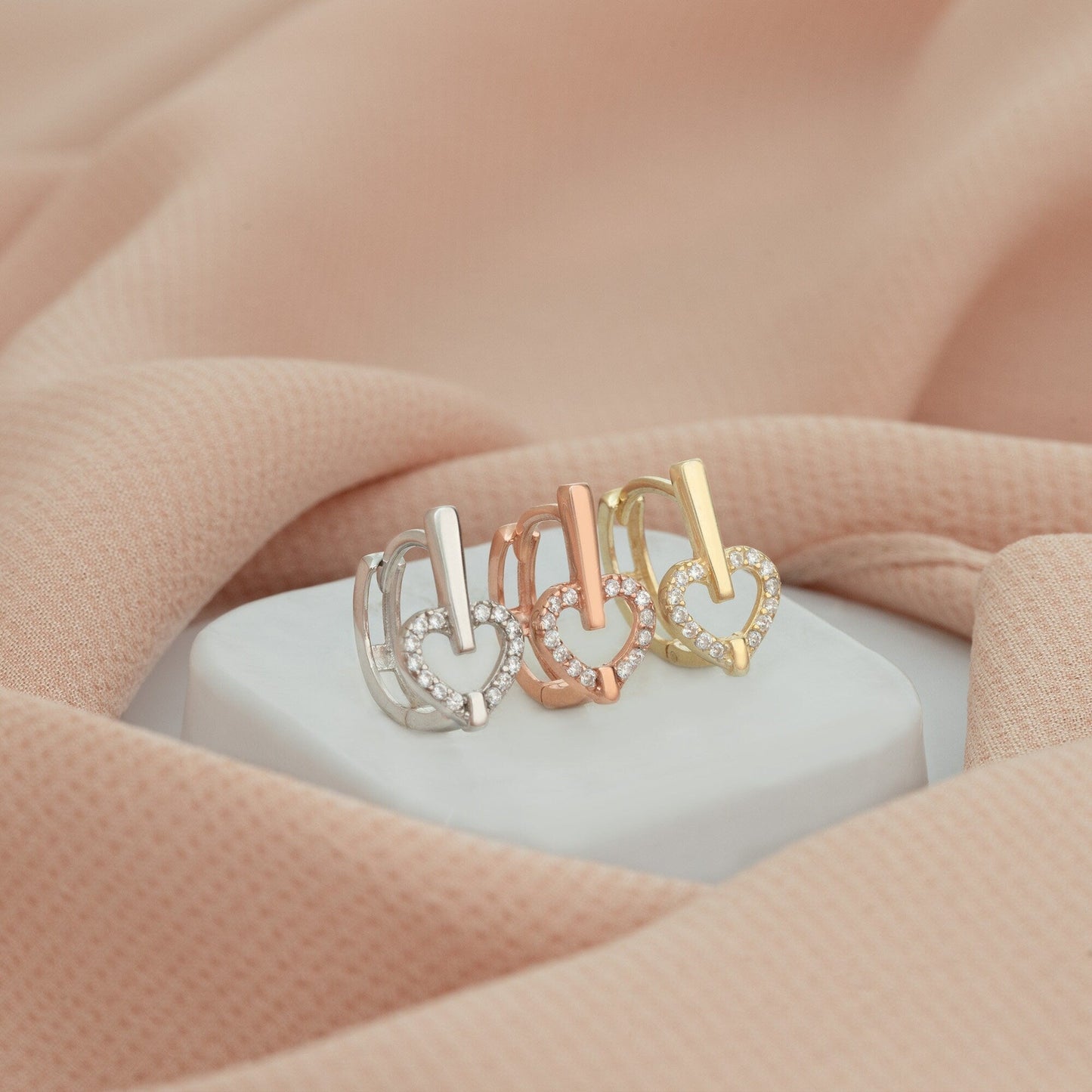 925 Sterling Silver Diamond Heart Hoop Earrings