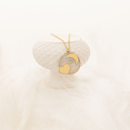 925 Sterling Silver Enamel Heart and Moon Necklace