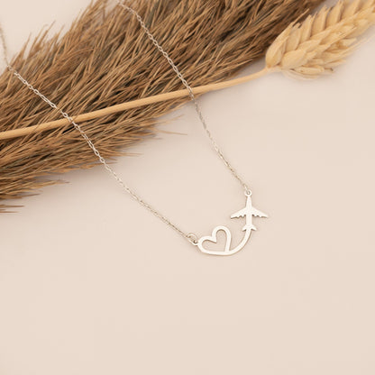 925 Sterling Silver Plane and Heart Necklace