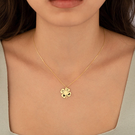 14K Solid Gold Four Leaf Clover Necklace