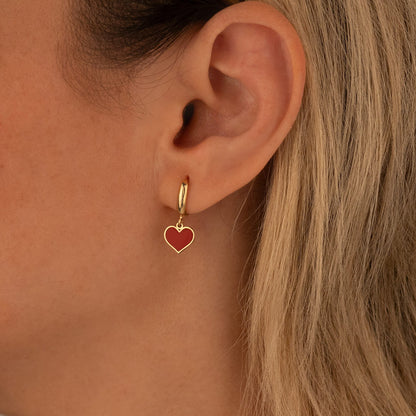 925 Sterling Silver Red Heart Hoop Earrings