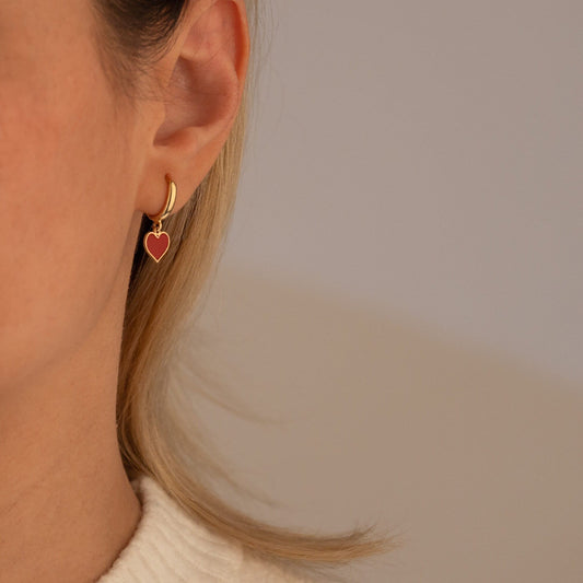 925 Sterling Silver Red Heart Hoop Earrings