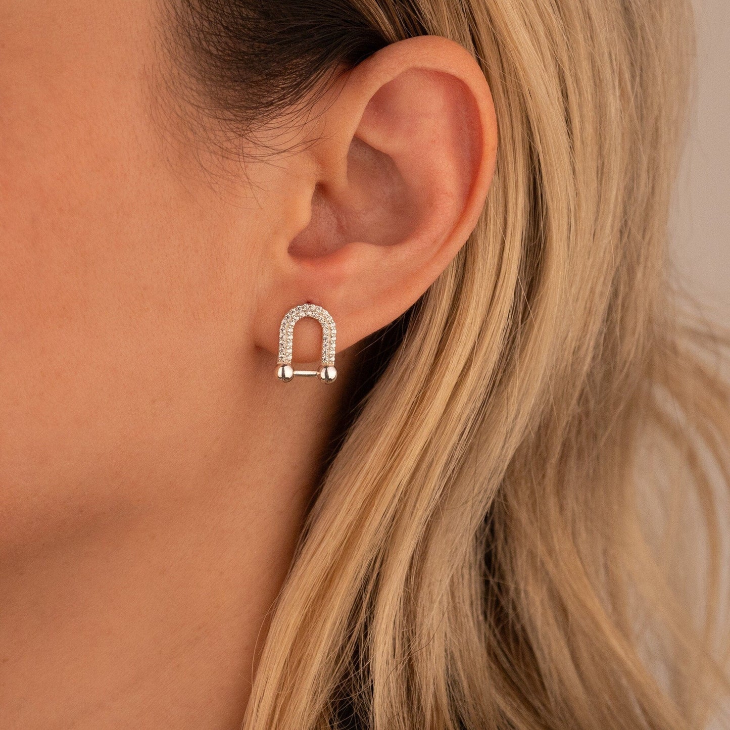 925 Sterling Silver Diamond Horseshoe Stud Earrings