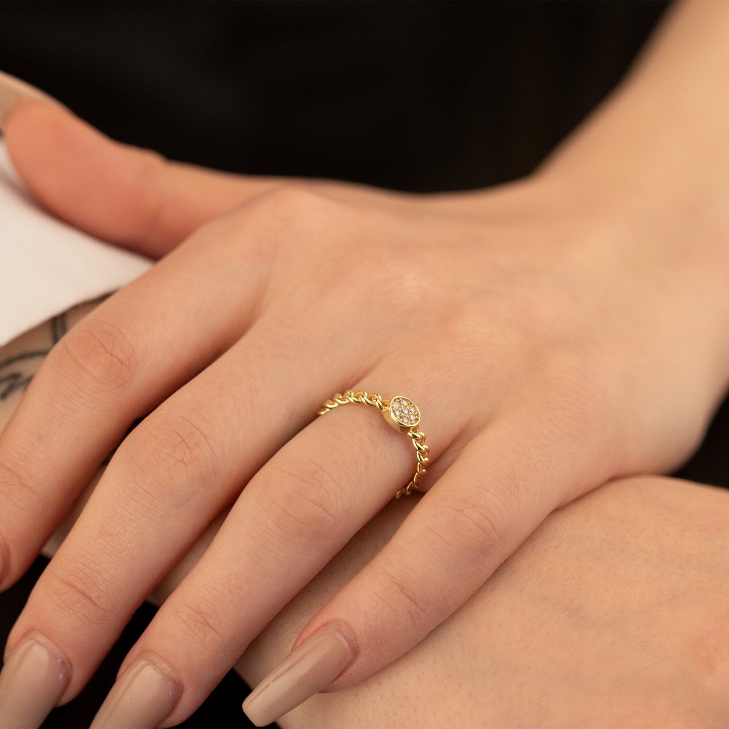 925 Sterling Silver Curb Chain Diamond Pave Signet Ring