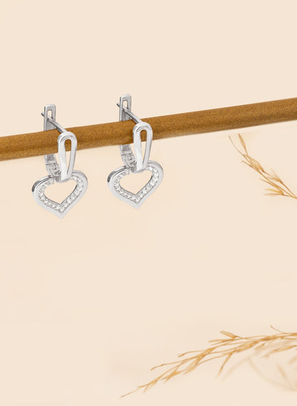 925 Sterling Silver Dangle Diamond Heart Hoop Earrings