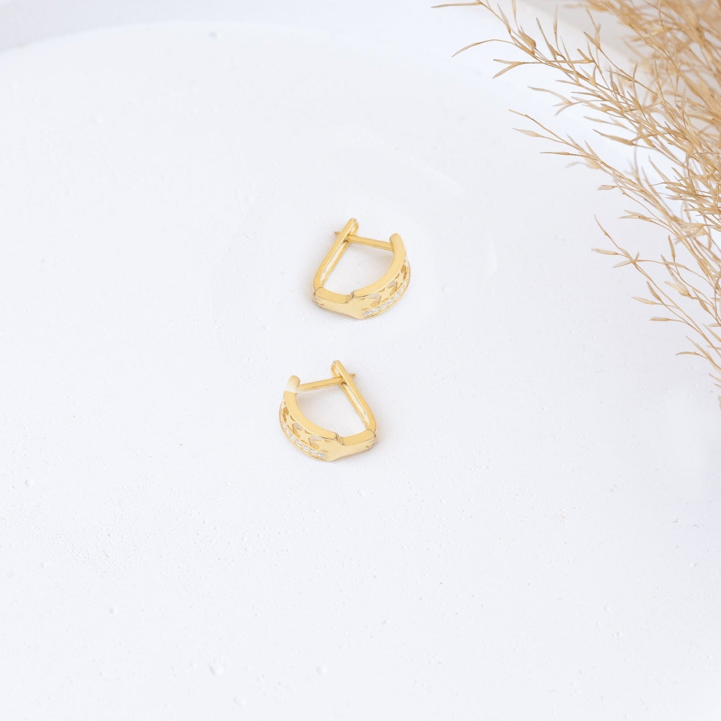 925 Sterling Silver Half Diamond Pave Half Star Hoop Earrings