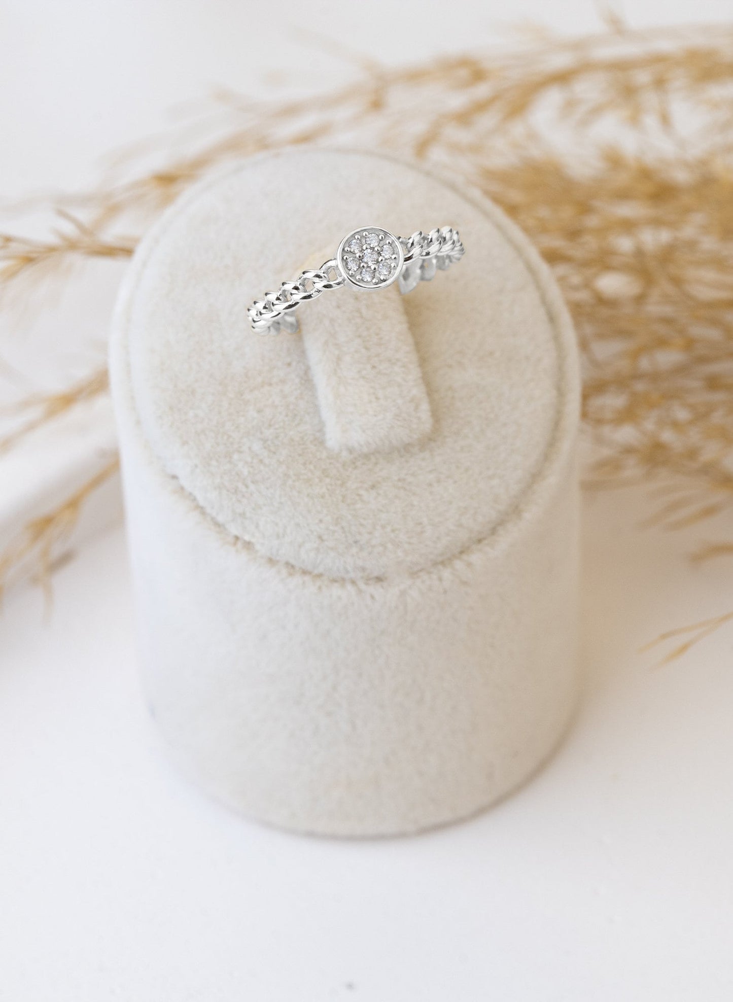 925 Sterling Silver Curb Chain Diamond Pave Signet Ring