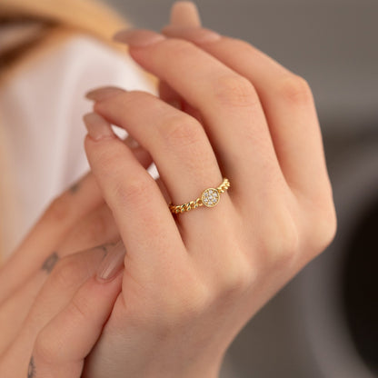 925 Sterling Silver Curb Chain Diamond Pave Signet Ring