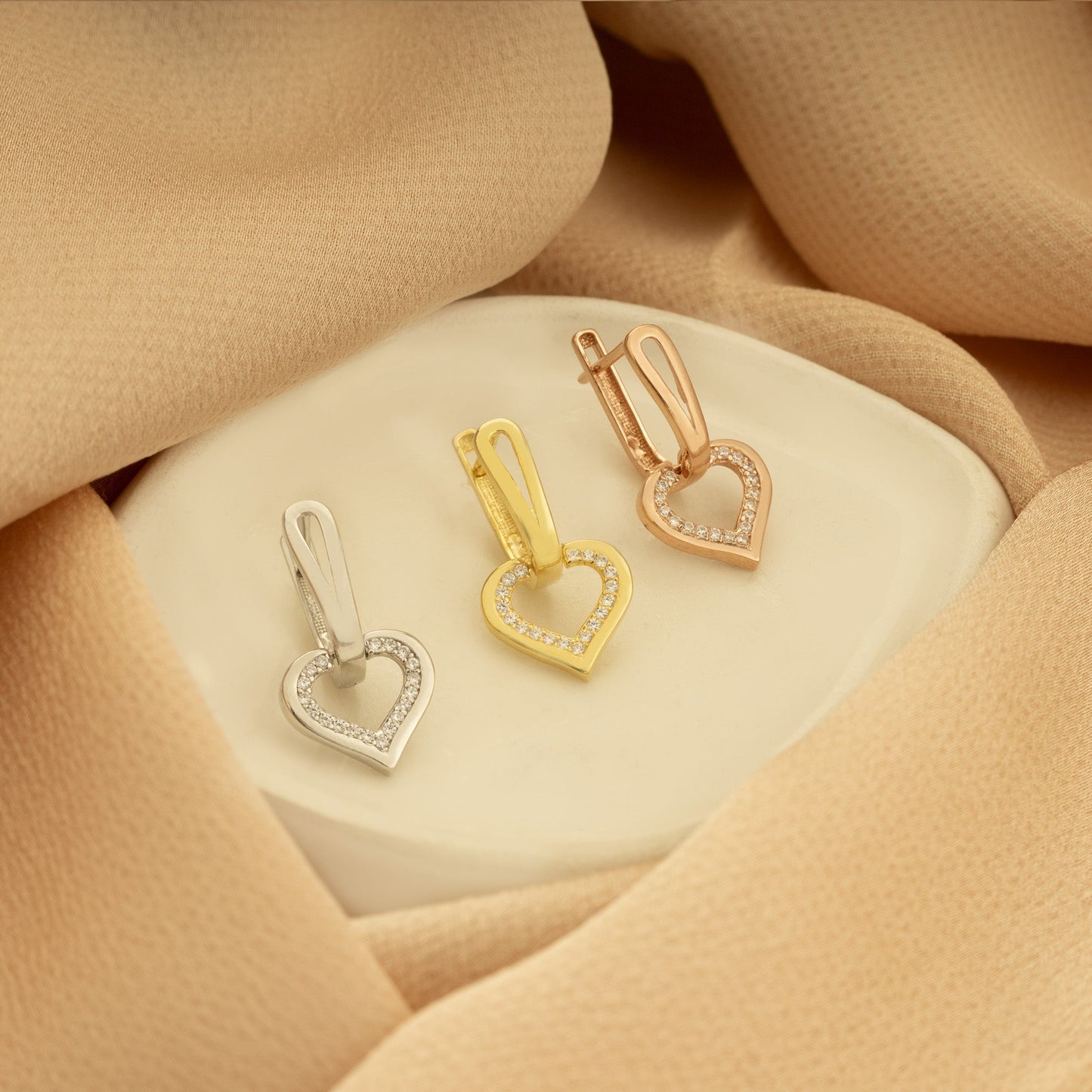 925 Sterling Silver Diamond Heart Dangle Hoop Earrings