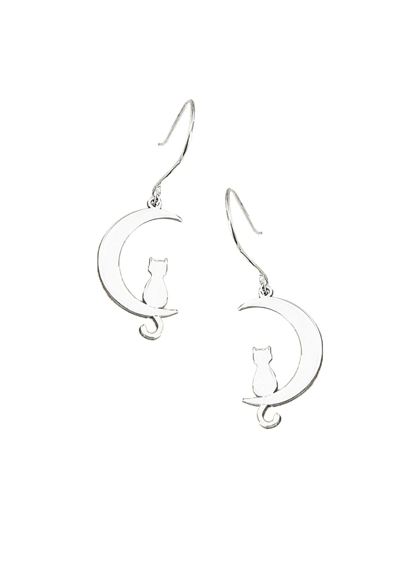 925 Sterling Silver Cat Moon Dangle &amp; Drop Earrings