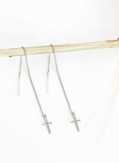 925 Sterling Silver Threader Cross Earrings